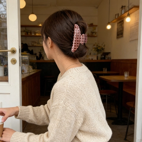 Pinza per Capelli Vintage con Cuore e Righe a Pois per Donna Accessori per Capelli in PVC Acetato Stile Coreano Caffè Rosa