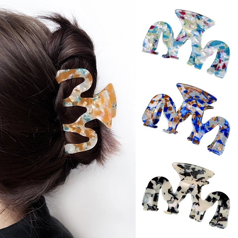 Korean Style PVC Acetate-look Wave Hair Claw Clip Minimalist Marble Texture Tortoise Shell Non-slip Hair Catch Clip For Women Girls Fashion Hair Accessories