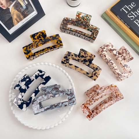 Large Cellulose Acetate Hair Claw Clip For Women Vintage Tortoiseshell Marble Pattern Hollow Square Shark Clip Elegant Hair Accessories