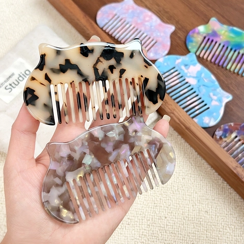 Vintage Cat Ear Acetate Hair Comb Retro Marble Texture Anti Static Small Portable Hair Brush For Women Girls Daily Hair Care Accessories