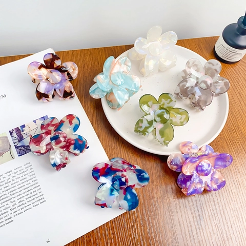 Grote Vintage Marmer Bloem Haarklem Acetaat Textuur Elegante Florale Shark Clip Voor Vrouwen Haaraccessoires Cadeau