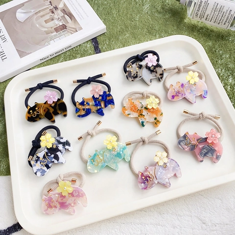Süße Katze Acetat Haargummi Elastisches Scrunchie Mit Marmormuster Blumendekoration Süßer Cartoon Stil Haarschmuck Für Damen