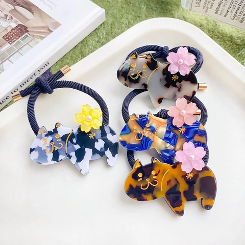 Süße Katze Acetat Haargummi Elastisches Scrunchie Mit Marmormuster Blumendekoration Süßer Cartoon Stil Haarschmuck Für Damen