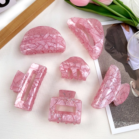 Pinza de Pelo de Acrílico con Purpurina de Mármol Rosa Estilo Coreano Clip de Tiburón Geométrico Hueco para Mujer