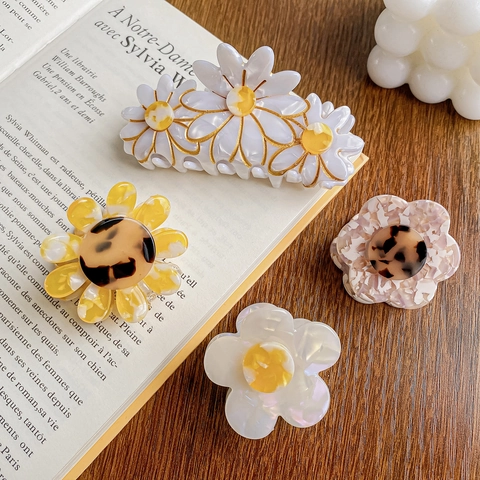 Eleganter Haarklammer aus Acetat mit Blumenmuster Daisy Floral Marmor Rutschfeste Haarklammern Französisch Retro Haarschmuck