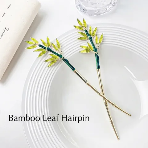 New Chinese Retro Bamboo Leaf Hair Stick Alloy Gold Plated Green Enamel Hair Pin For Women Hanfu Qipao Hair Jewelry Accessories