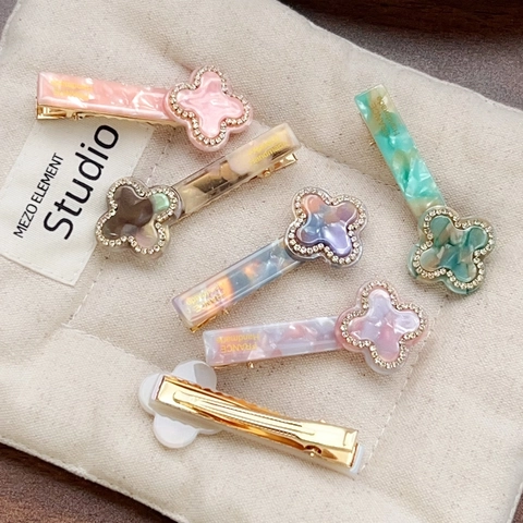 Fermaglio per Capelli a Quadrifoglio in Acetato Vintage Francese Con Strass Elegante Motivo Marmoreo Dolce Clip Laterale Donna