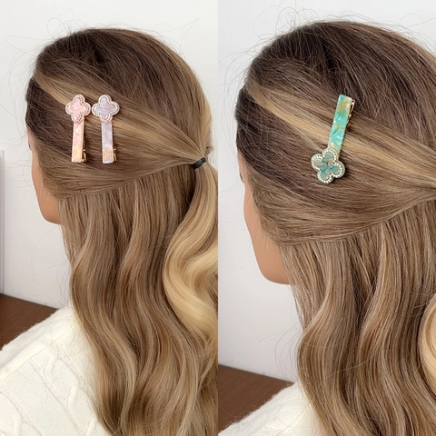 Fermaglio per Capelli a Quadrifoglio in Acetato Vintage Francese Con Strass Elegante Motivo Marmoreo Dolce Clip Laterale Donna