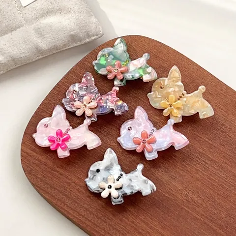Französischer Vintage Acetat Welpenhund Haarspange Für Damen Süße Strass Blume Entenschnabel Clip Seite Pony Haar Accessoires