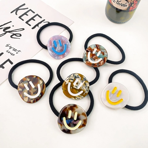 Women Fashion Plastic Smiley Face Hair Tie High Elastic Rubber Band Tortoise Shell Marble Pattern Ponytail Holder Accessory