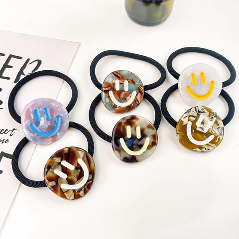 Women Fashion Plastic Smiley Face Hair Tie High Elastic Rubber Band Tortoise Shell Marble Pattern Ponytail Holder Accessory