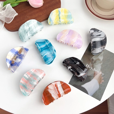 French Vintage Acrylic Marble Pattern Hair Claw Clip For Women Minimalist Striped Semicircle Shark Clip Hair Accessories