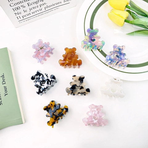 Cute Bear Acetate Hair Claw Clip For Women Kids Small Heart Hollow Out Hair Catch Clip Nonslip Marble Tortoiseshell Pattern Hair Accessories