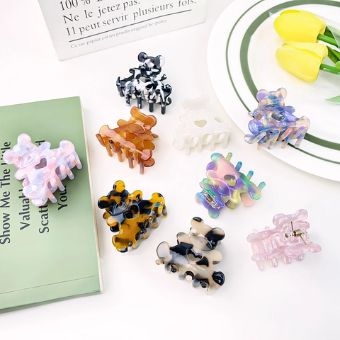 Cute Bear Acetate Hair Claw Clip For Women Kids Small Heart Hollow Out Hair Catch Clip Nonslip Marble Tortoiseshell Pattern Hair Accessories