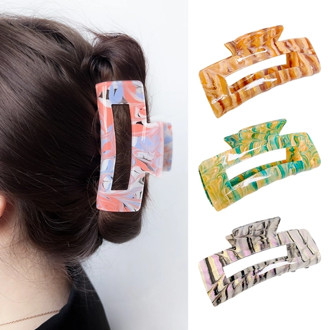 Pinza para el Cabello de Acrílico Grande Patrón de Mármol Rectangular Hueco Tinta Tiburón Horquilla para Mujer Diario
