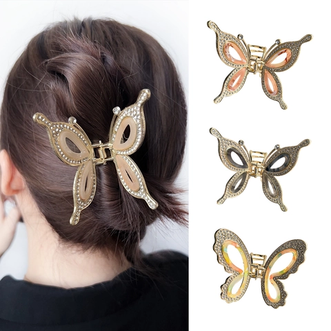 Vintage Metall Schmetterling Haarkralle Strass Hohl Legierung Hai Clip Für Damen Elegante Party Haarschmuck