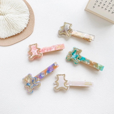 Molletta per Capelli a Forma di Orso in Acetato Vintage Con Strass Texture Marmo Clip a Becco d'Anatra Stile Fatto a Mano Francese Accessorio per Capelli Per Donne