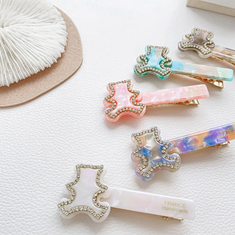 Molletta per Capelli a Forma di Orso in Acetato Vintage Con Strass Texture Marmo Clip a Becco d'Anatra Stile Fatto a Mano Francese Accessorio per Capelli Per Donne