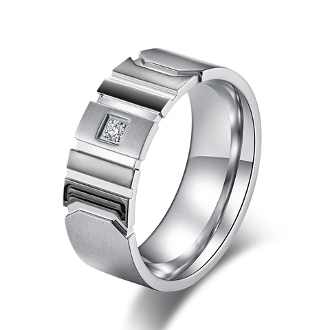 Moderne Roestvrij Stalen Tweekleurige Geometrische Ring Geborstelde Industriële Stijl Strass Ingelegde Bandring Voor Heren Dames