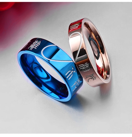 Anelli di Coppia in Acciaio Inossidabile Stile Cinese Blu Oro Rosa Cuore Abbinati Per Uomo Donna Regalo di Gioielli di San Valentino
