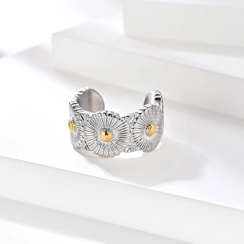 Stainless Steel Daisy Flower Ring Hip Hop Korean Style Sunflower Unisex Fashion Adjustable Relief Carving Finger Ring