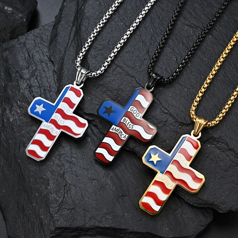 Patriotic Stainless Steel American Flag Cross Pendant Necklace God Bless America Enamel Hip Hop Jewelry for Men