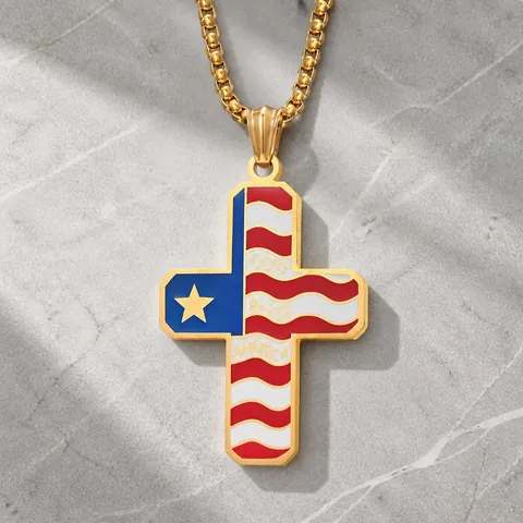 Patriotic Stainless Steel American Flag Cross Pendant Necklace God Bless America Enamel Hip Hop Jewelry for Men