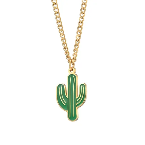 Collar con Colgante de Cactus de Esmalte Verde de Acero Inoxidable para Hombre Mujer Estilo Hip Hop Japonés Joyería de Planta