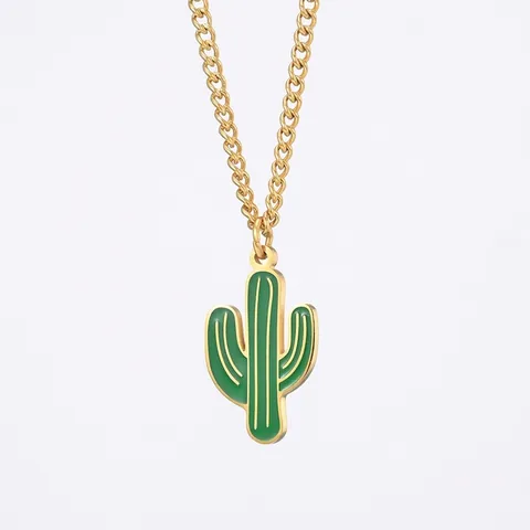 Trendy Stainless Steel Green Enamel Cactus Pendant Necklace For Men Women Japanese Hip Hop Style Plant Jewelry Accessory