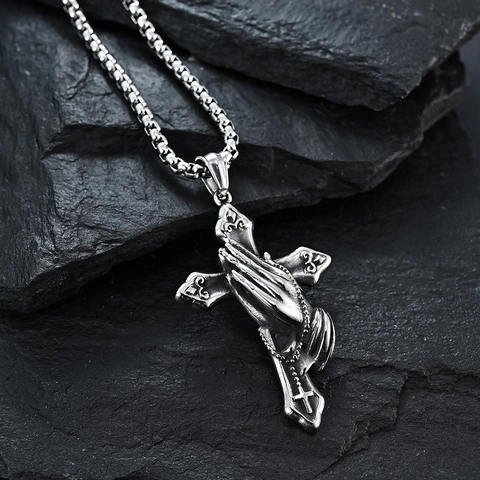 Retro Stainless Steel Praying Hands Cross Pendant Necklace For Men Women Gothic Punk Rhinestone Hexagram Skull Grim Reaper Jewelry Gift
