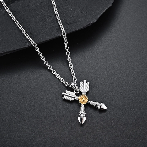 Collier Pendentif Flèches Croisées et Tournesol en Acier Inoxydable Vintage Rétro Punk Bijoux Style Indien pour Hommes Femmes