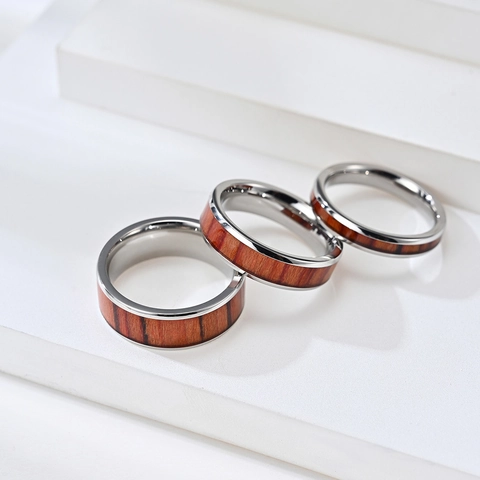 Minimalist Stainless Steel Wood Inlay Ring For Men Women Polished Natural Wood Grain Style Fashion Jewelry Hand Decor Band