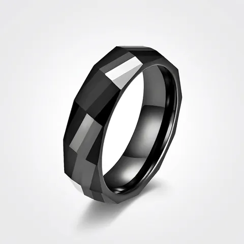Anello a Fascia Geometrico Sfaccettato a Rombo in Ceramica Zirconia Nera per Uomo Donna Gioielli di Moda Minimalisti