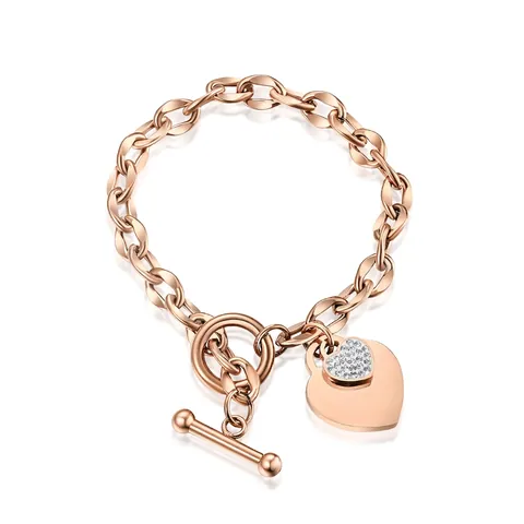 Elegantes Titanstahl Herz Anhänger Armband Für Damen Roségold Strass Eingelegt Knebelverschluss Gliederkette Schmuck Accessoire