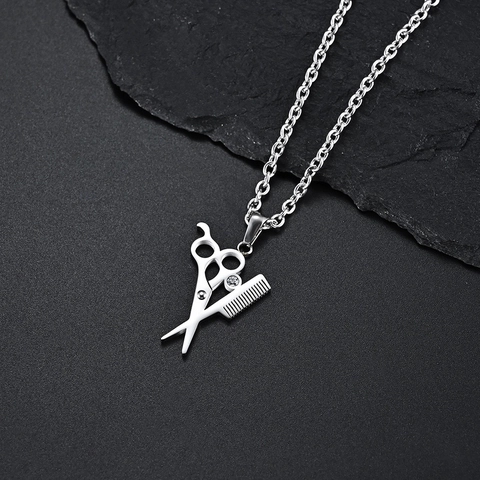 Collar con Colgante de Tijeras y Peine de Acero de Titanio para Hombres y Mujeres Joyería Profesional de Peluquero Hip Hop con Diamantes de Imitación