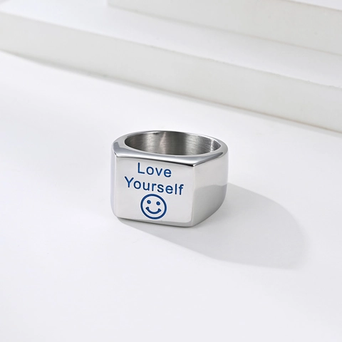 Love Yourself Blue Luminous Smiley Face Square Flat Top Stainless Steel Ring For Men Simple Streetwear Minimalist Fashion Jewelry Finger Accessory