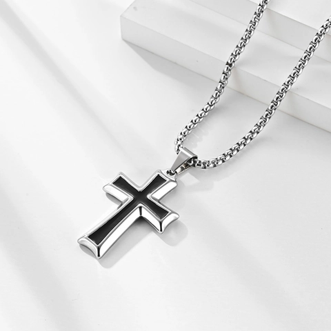 Collar de Cruz de Acero Inoxidable Minimalista para Hombre Colgante Religioso de Esmalte Negro Oro Plata Joyería de Moda Regalo