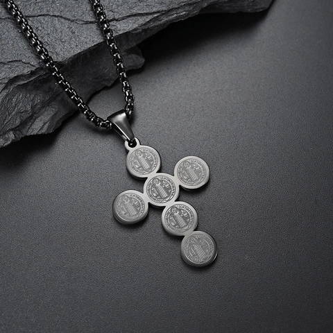 Collana con Ciondolo a Croce Medaglia San Benedetto in Acciaio Inossidabile per Uomo Donna Gioielli Religiosi Vintage