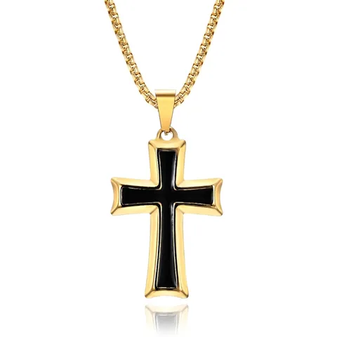 Collar de Cruz de Acero Inoxidable Minimalista para Hombre Colgante Religioso de Esmalte Negro Oro Plata Joyería de Moda Regalo
