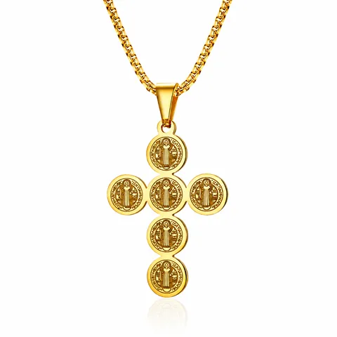 Stainless Steel St Benedict Medal Cross Pendant Necklace For Men Women Religious Vintage Catholic Christian Jewelry Gift