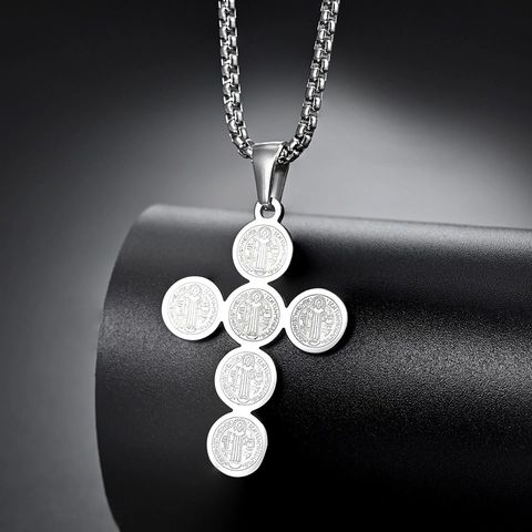 Collana con Ciondolo a Croce Medaglia San Benedetto in Acciaio Inossidabile per Uomo Donna Gioielli Religiosi Vintage