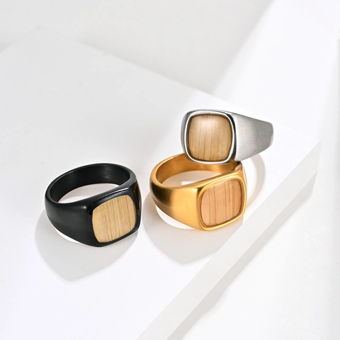 Men Stainless Steel Signet Ring Natural Wood Inlay Brushed Finish Square Flat Top Band Ring Vintage Industrial Jewelry