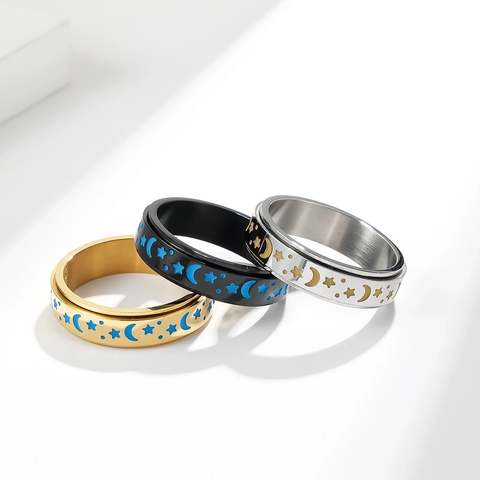 Bague Spinner en Acier Inoxydable Lune et Étoile pour Hommes Femmes Soulagement de l'Anxiété Fidget Bague Rotative Punk Bijoux de Mode