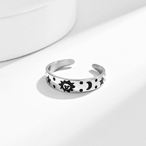 Edelstahl Vintage Mystisch Sonne Mond Stern Verstellbarer Offener Ring Für Damen Herren Polierter Himmlischer Schmuck Fingerring