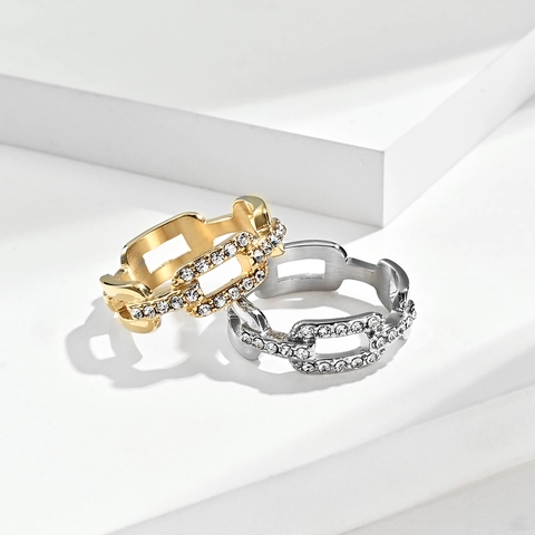 Anillo de Moda de Acero Inoxidable con Eslabones Rectangulares Huecos Chapado en Oro con Strass Pavé para Mujer Joyería