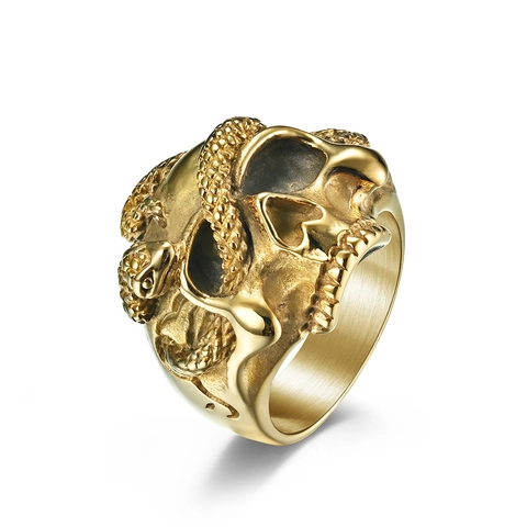 Gothic Stainless Steel Skeleton Snake Ring For Men Women Vintage Punk Dark Style Mamba Skull Biker Jewelry Finger Ring