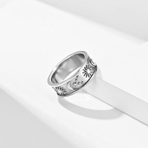 Bague en Acier Inoxydable Bohème Soleil Lune Étoile Relief Céleste pour Hommes Femmes Bijoux Astrologiques Vintage
