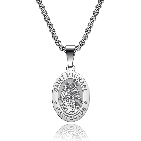 Saint Michael Protector Medal Pendant Necklace Stainless Steel Religious Amulet Guardian Angel Oval Pendant Necklace Jewelry Gift For Men Women
