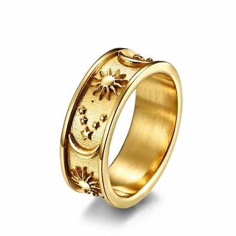 Anillo de Acero Inoxidable Bohemio Sol Luna Estrella Relieve Celestial para Hombre Mujer Joyería Astrológica Vintage