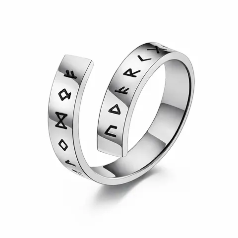 Vintage Nordic Viking Rune Stainless Steel Open Ring For Men Women Retro Mythology Geometric Adjustable Finger Jewelry Gift